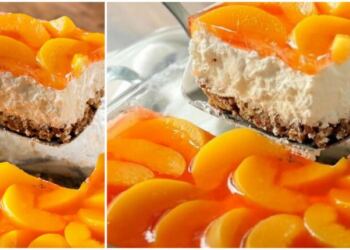 Δροσερό και νόστιμο γλυκό ψυγείου, με μπισκοτένια βάση, αφράτη κρέμα και επικάλυψη με ροδάκινα και ζελέ